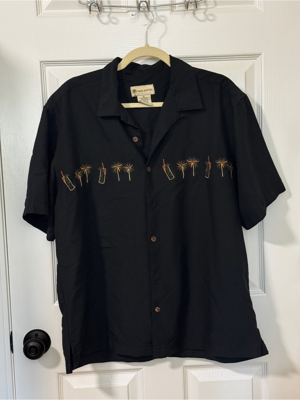 Men's Black Short-Sleeve Button-Down Shirt with Palm & Drink Embroidery